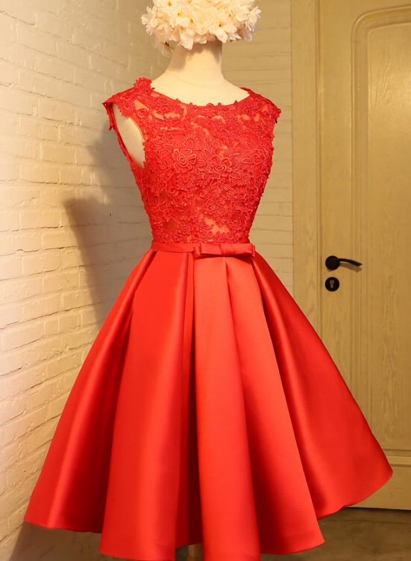 Homecoming Dresses Simpl, Cute Red Homecoming Dress, Round Neckline Lace and Satin Party Dress