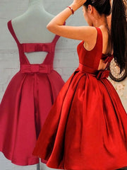 Evening Dress Red, Cute Red Satin Scoop Sleeveless Short Party Dresses, Red Homecoming Dress