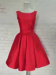 Evening Dress Vintage, Cute Red Satin Scoop Sleeveless Short Party Dresses, Red Homecoming Dress