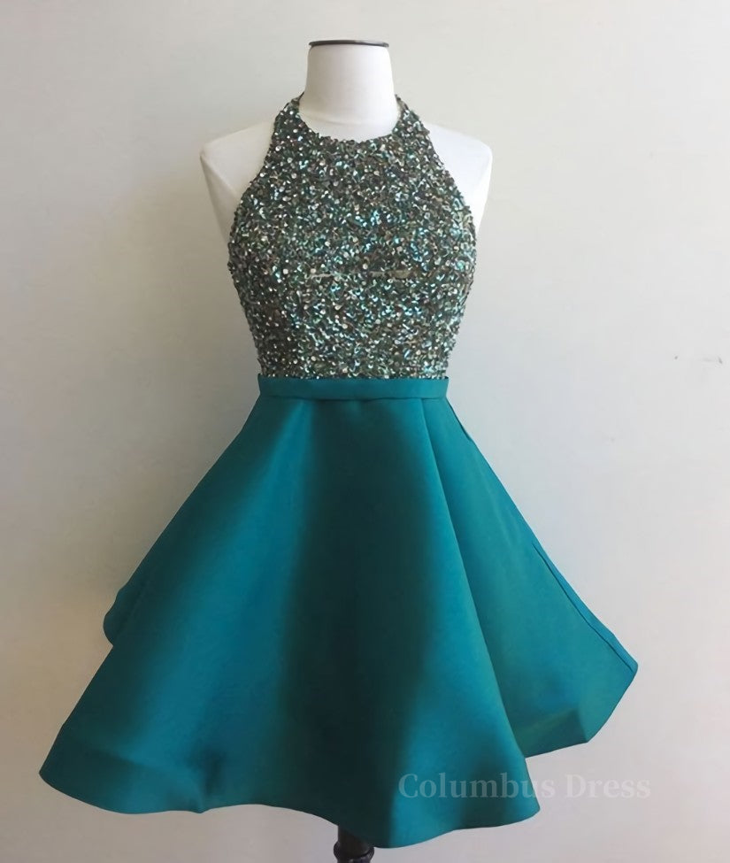 Bridesmaid Dresses Online, Cute Round Neck Sequin Backless Green Short Prom Dresses, Green Homecoming Dresses