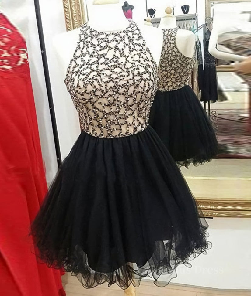 Bridesmaid Dress 2025, Cute Round-Neck Sequin Tulle Short Black Prom Dresses, Black Homecoming Dresses