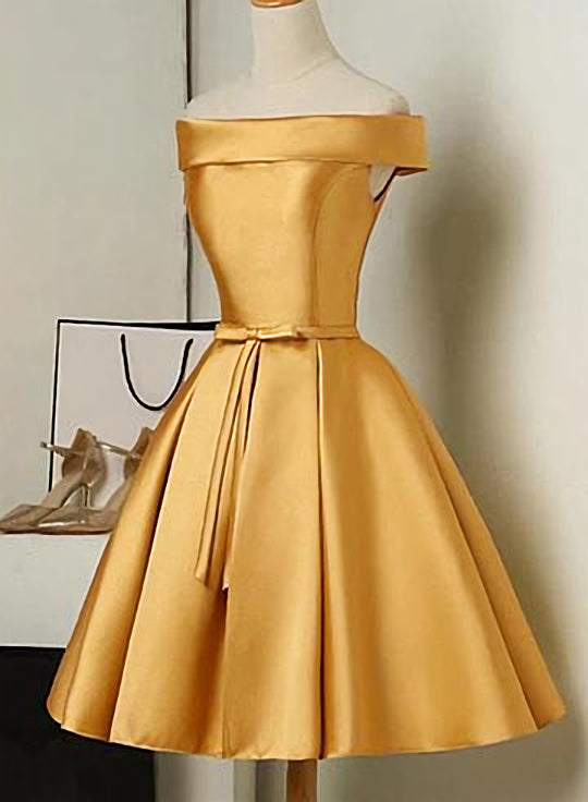 Prom Dresses Vintage, Cute Satin Knee Length Off Shoulder Homecoming Dress, Prom Dress
