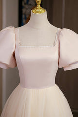 Homecoming Dresses Pink, Cute Satin Tulle Long Prom Dress, A-Line Short Sleeve Evening Dress