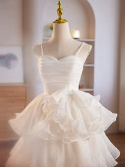 Evening Dresses Modest, Cute Sweetheart Neck Organza White Prom Dress, White Homecoming Dresses