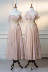 Bridesmaid Dresses Hunter Green, Cute Tulle Lace Tea Length Prom Dress, Pink A-Line Evening Party Dress