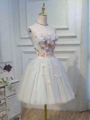 Party Dress Jeans, Cute Tulle Short Lace Applique Short Prom Dress, Tulle Puffy Homecoming Dress
