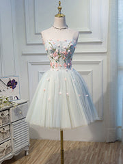 Party Dress Pattern, Cute Tulle Short Lace Applique Short Prom Dress, Tulle Puffy Homecoming Dress