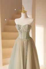 Homecoming Dress 2025, Cute Tulle Tea Length Prom Dress, Green A-Line Strapless Evening Party Dress