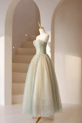 Homecoming Dresses Formal, Cute Tulle Tea Length Prom Dress, Green A-Line Strapless Evening Party Dress