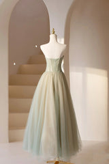 Homecoming Dress Formal, Cute Tulle Tea Length Prom Dress, Green A-Line Strapless Evening Party Dress