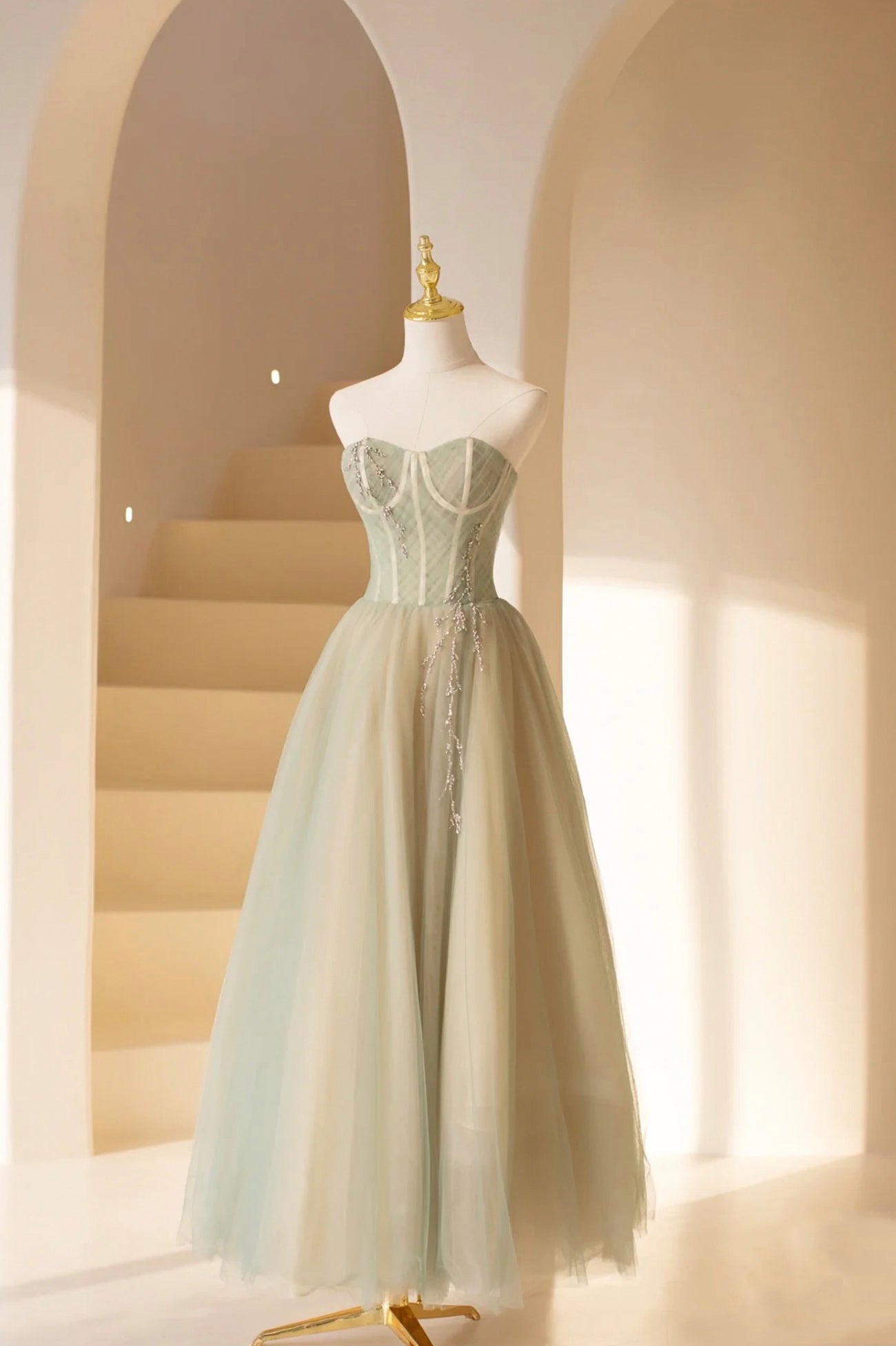 Homecoming Dresses 2032, Cute Tulle Tea Length Prom Dress, Green A-Line Strapless Evening Party Dress