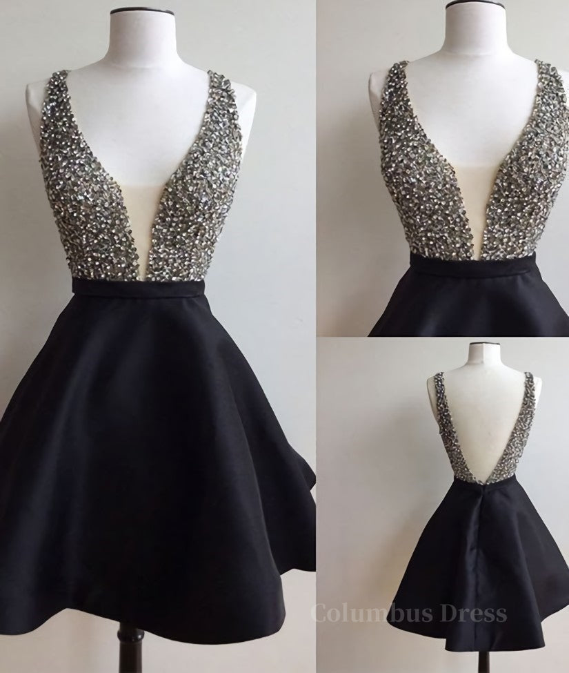 Bridesmaid Dress Color Schemes, Cute V Neck And V Back Sequin Short Black Prom Dresses, Cute Short Black Homecoming Dresses