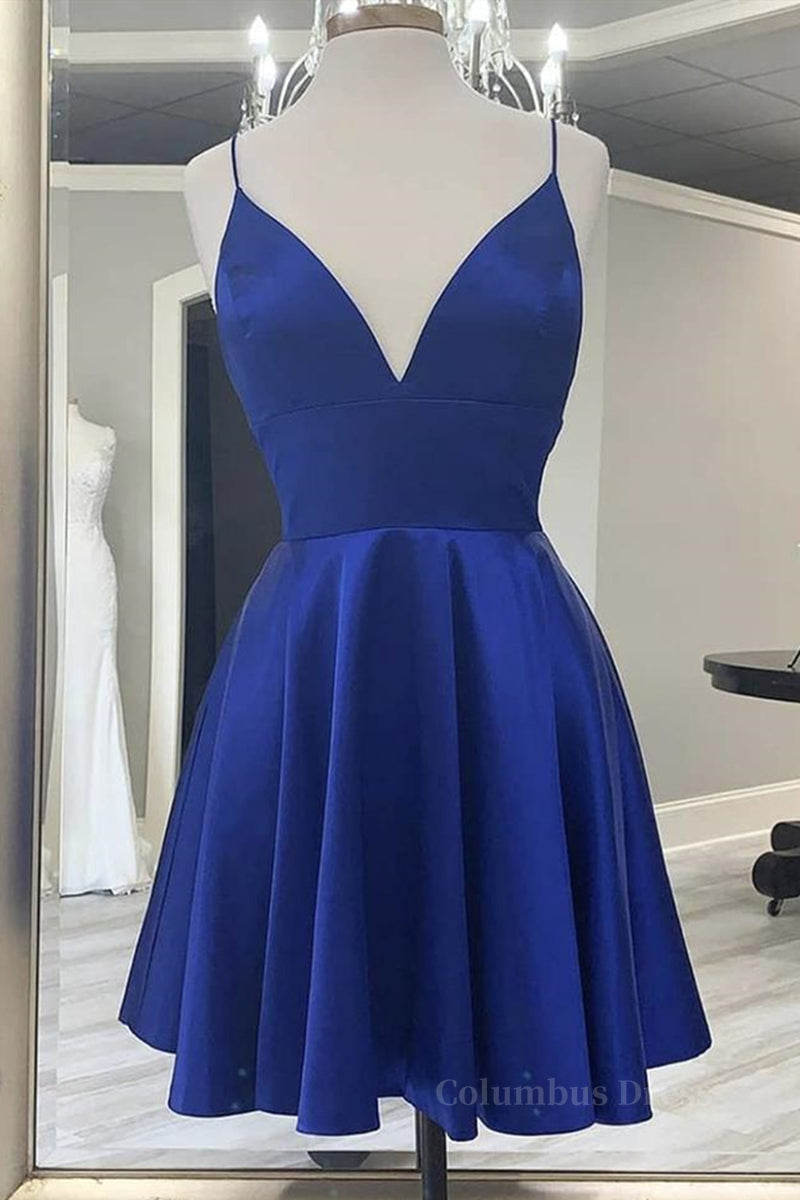 Floral Prom Dress, Cute V Neck Backless Short Royal Blue Prom Dress with Straps, Backless Royal Blue Formal Graduation Homecoming Dress