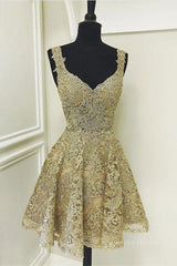 Strapless Dress, Cute V Neck Golden Lace Short Prom Dresses, Golden Lace Homecoming Dresses, Golden Formal Evening Dresses