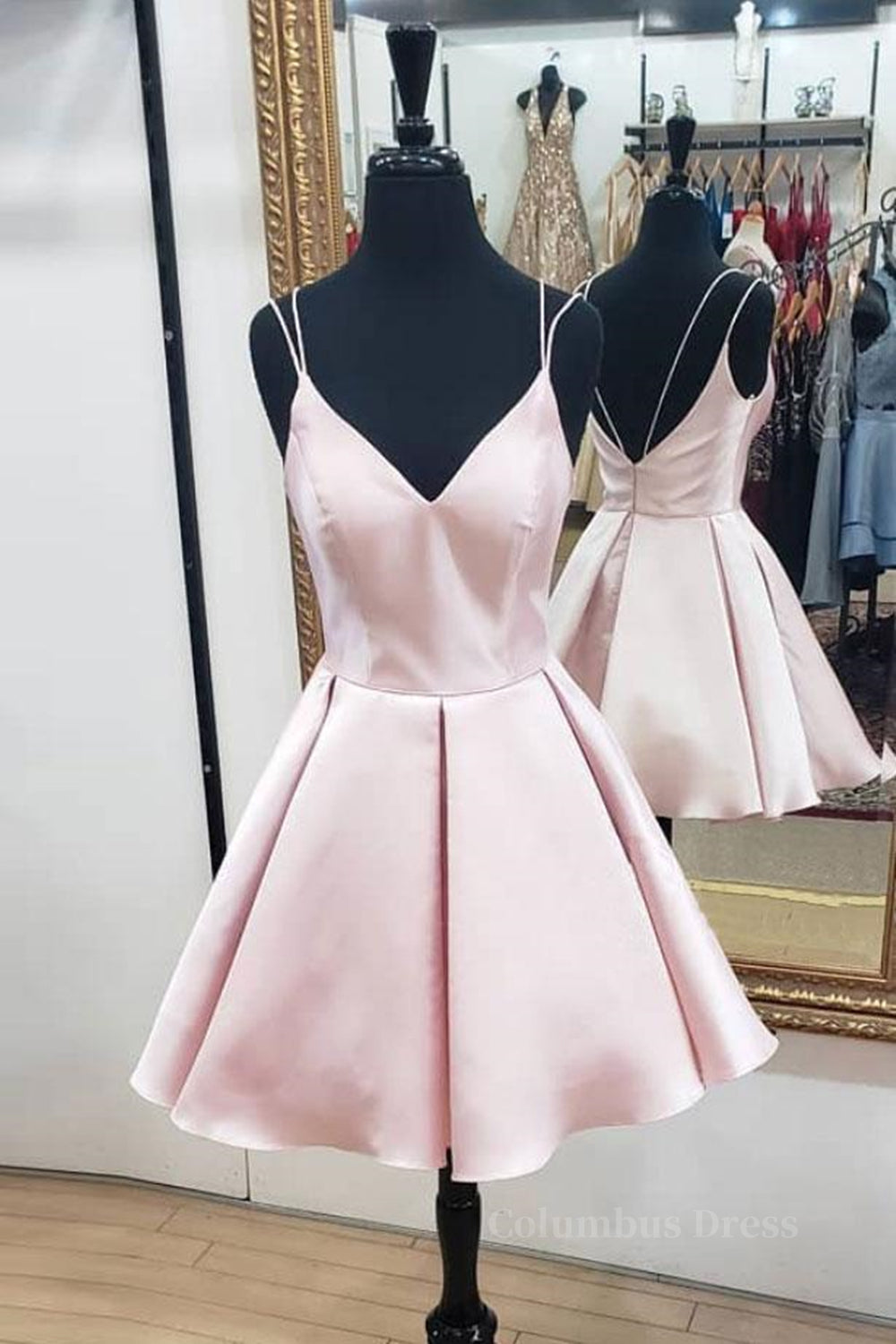 Evening Dress Gowns, Cute V Neck Open Back Pink Short Prom Dress, Backless Pink Homecoming Dress, Short Pink Formal Evening Dress