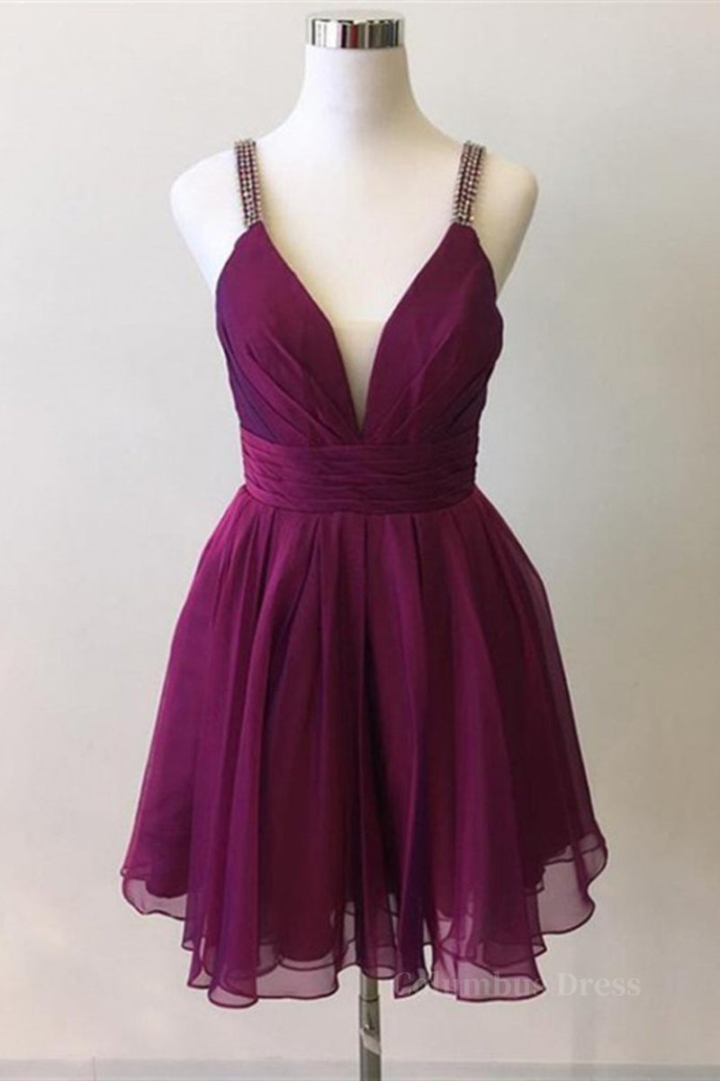 Evening Dress 2028, Cute V Neck Purple Chiffon Short Prom Dresses Homecoming Dresses, V Neck Purple Formal Dresses, Purple Evening Dresses Cocktail Dresses