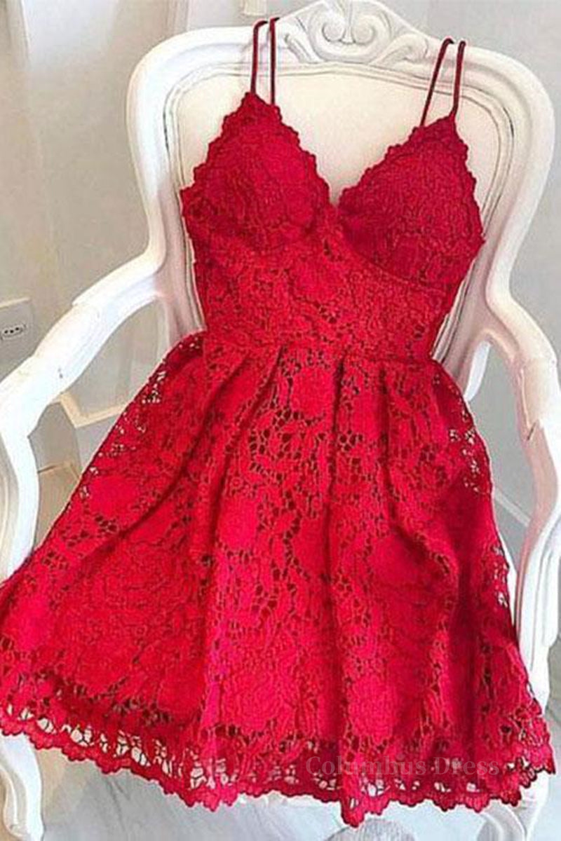 Formal Dresses For Winter Wedding, Cute V Neck Short Red Lace Prom Dress with Straps, Short Red Lace Formal Graduation Homecoming Dress, Red Cocktail Dress