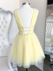 Wedding Party Dress, Cute Yellow V Neck Tulle Beads Short Prom Dress Yellow Homecoming Dress