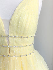 Semi Dress, Cute Yellow V Neck Tulle Beads Short Prom Dress Yellow Homecoming Dress