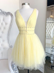 Satin Bridesmaid Dress, Cute Yellow V Neck Tulle Beads Short Prom Dress Yellow Homecoming Dress