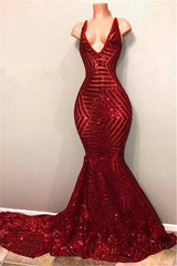 Party Dresses Weddings, Red Sequins Shiny V-Neck Mermaid Long Prom Dresses