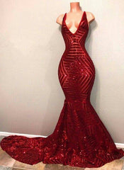 Party Dresses Wedding, Red Sequins Shiny V-Neck Mermaid Long Prom Dresses