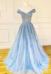 Flower Girl Dress, Blue Lace Off the Shoulder Prom Dresses, A-Line Evening Dresses