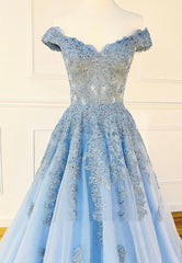 Country Wedding, Blue Lace Off the Shoulder Prom Dresses, A-Line Evening Dresses