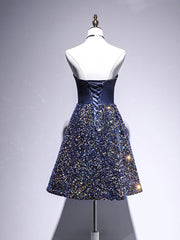 Evening Dresses For Over 50, Dark Blue A-Line Sequin Lace Short Prom Dress, Blue Homecoming Dress