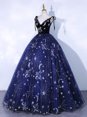 Evening Dresses Stunning, Dark Blue A-Line Tulle Lace Long Prom Dress, Dark Blue Long Formal Dress