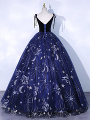 Evening Dresses For Party, Dark Blue A-Line Tulle Lace Long Prom Dress, Dark Blue Long Formal Dress