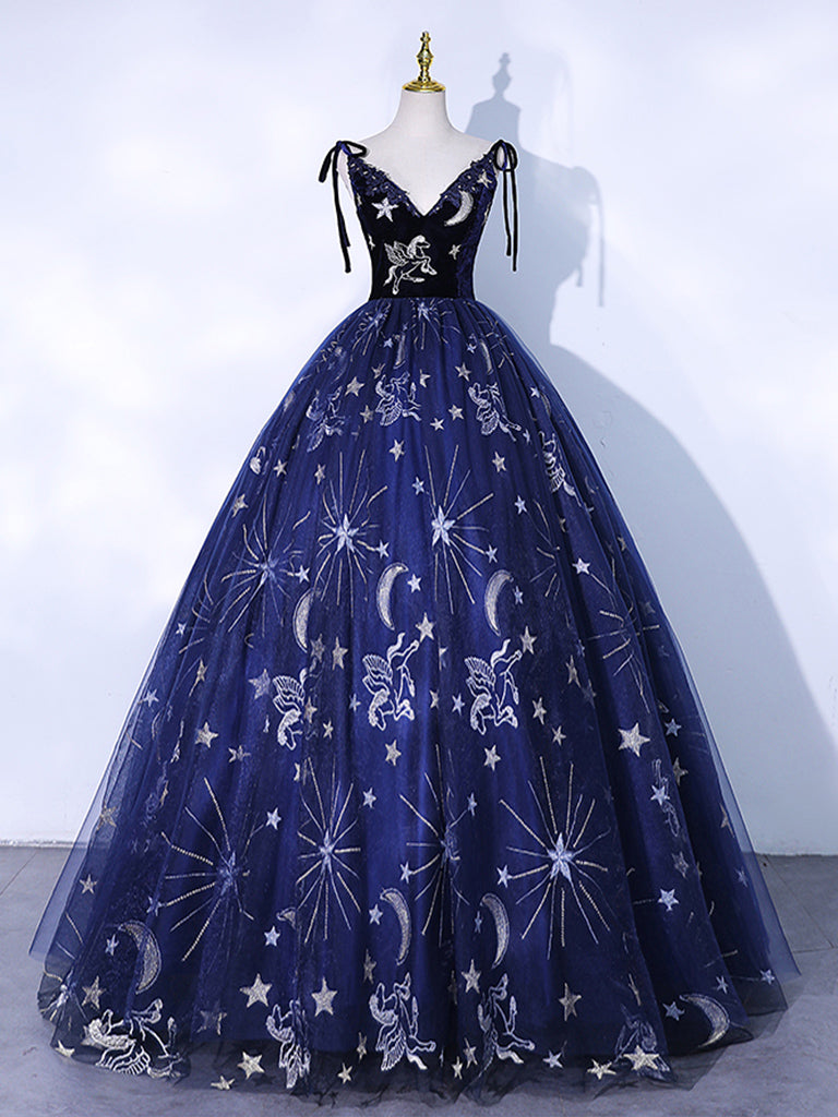 Evening Dress Stunning, Dark Blue A-Line Tulle Lace Long Prom Dress, Dark Blue Long Formal Dress