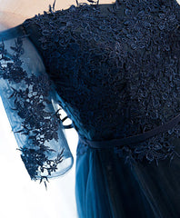 Bridesmaid Dresses Sale, Dark Blue Lace Tulle Long Prom Dress, Lace Evening Dress