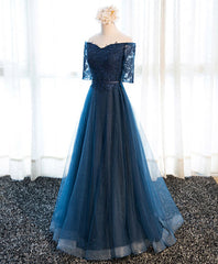 Bridesmaid Dresses Navy Blue, Dark Blue Lace Tulle Long Prom Dress, Lace Evening Dress