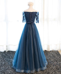 Bridesmaid Dresses 3 16 Length, Dark Blue Lace Tulle Long Prom Dress, Lace Evening Dress