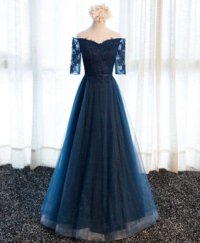 Bridesmaid Dresses Sales, Dark Blue Lace Tulle Long Prom Dress, Lace Evening Dress