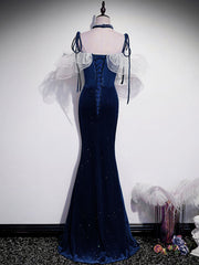 Prom Dress Websites, Dark Blue Mermaid Velvet Long Prom Dresses, Blue Formal Evening Dress