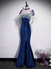 Prom Dress Sites, Dark Blue Mermaid Velvet Long Prom Dresses, Blue Formal Evening Dress