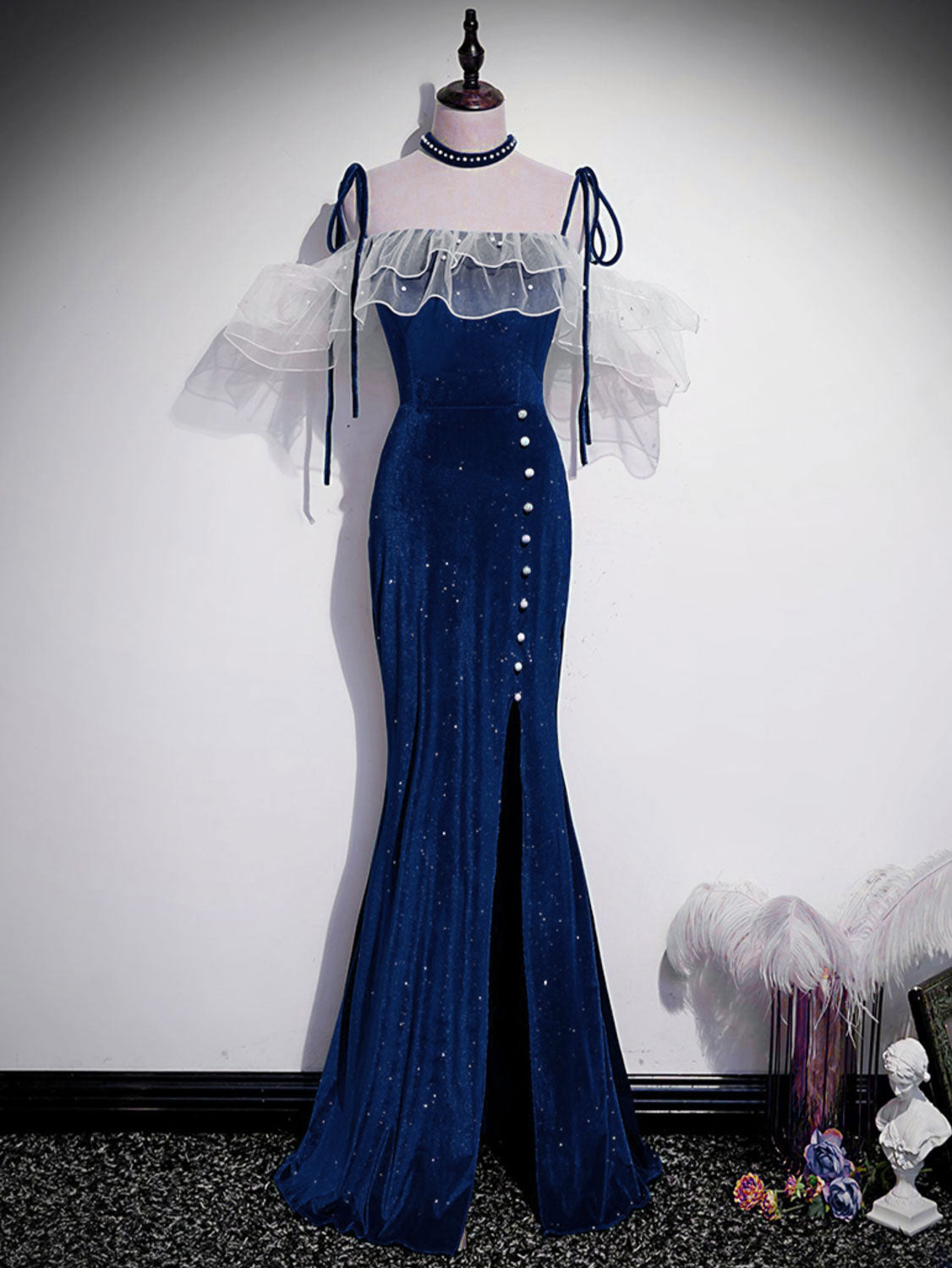 Prom Dresses Websites, Dark Blue Mermaid Velvet Long Prom Dresses, Blue Formal Evening Dress