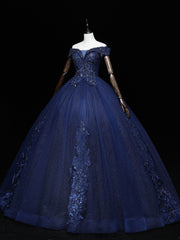 Bridesmaids Dresses Peach, Dark Blue Off Shoulder Tulle Lace Long Prom Gown, Blue Sweet 16 Dress With Beading Sequin