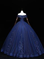 Bridesmaid Dress Peach, Dark Blue Off Shoulder Tulle Lace Long Prom Gown, Blue Sweet 16 Dress With Beading Sequin