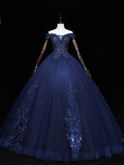 Bridesmaids Dress Peach, Dark Blue Off Shoulder Tulle Lace Long Prom Gown, Blue Sweet 16 Dress With Beading Sequin