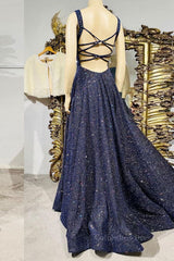 Prom Dresses V Neck, Dark blue sequin long prom dress , blue evening dress