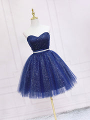 Bridesmaid Dress Designer, Dark Blue Sweetheart Neck Tulle Sequin Short Prom Dress Blue Puffy Homecoming Dress
