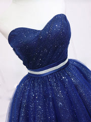 Bridesmaid Dresses Designers, Dark Blue Sweetheart Neck Tulle Sequin Short Prom Dress Blue Puffy Homecoming Dress