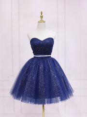 Bridesmaid Dress Design, Dark Blue Sweetheart Neck Tulle Sequin Short Prom Dress Blue Puffy Homecoming Dress