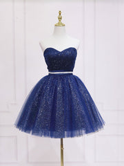 Bridesmaid Dresses Designs, Dark Blue Sweetheart Neck Tulle Sequin Short Prom Dress Blue Puffy Homecoming Dress