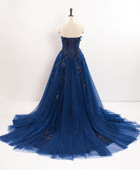 Prom Dress Idea, Dark Blue Sweetheart Tulle Lace Long Prom Dress Blue Tulle Evening Dress