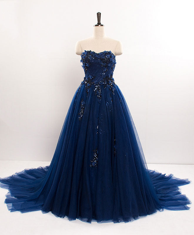 Prom Dress 2032, Dark Blue Sweetheart Tulle Lace Long Prom Dress Blue Tulle Evening Dress