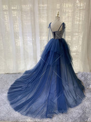 Prom Dresses Affordable, Dark blue tulle lace long prom dress, blue tulle formal dress